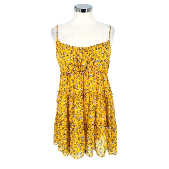 Trixxi Babydoll Floral Print Tiered Mini Dress Smocked Back Yellow Size Medium N - Picture 1 of 12